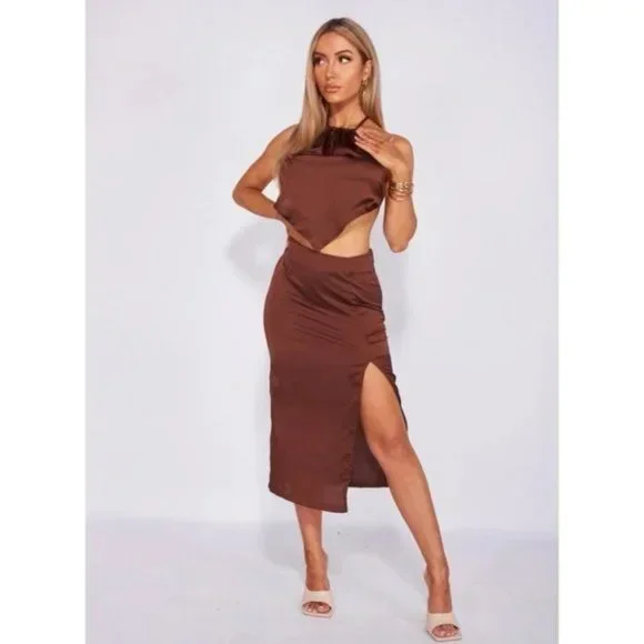 Brown Satin Halter Neck Backless Handkerchief Top and Midi Skirt Two Piece Set - Picture 12 of 13